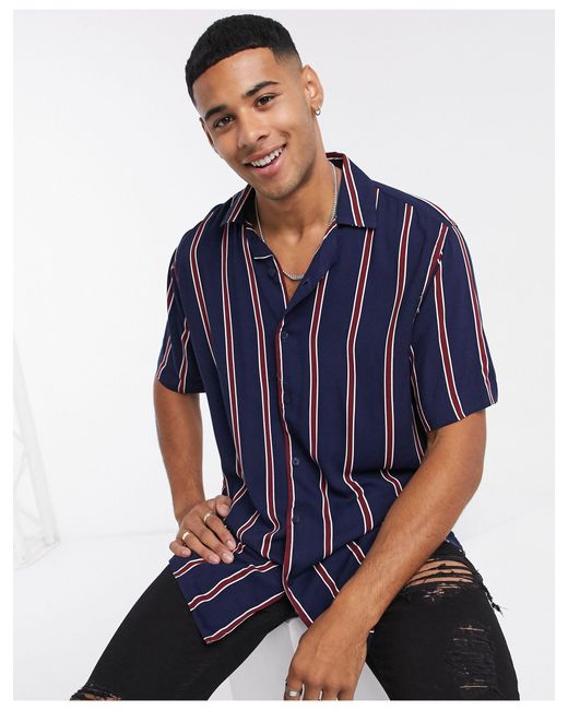 Hollister Blue Rayon Stripe Short Sleeve Shirt for men