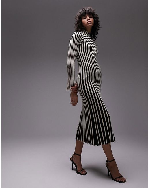 TOPSHOP Knitted Stripe Long Sleeve Midi Dress in Black | Lyst UK