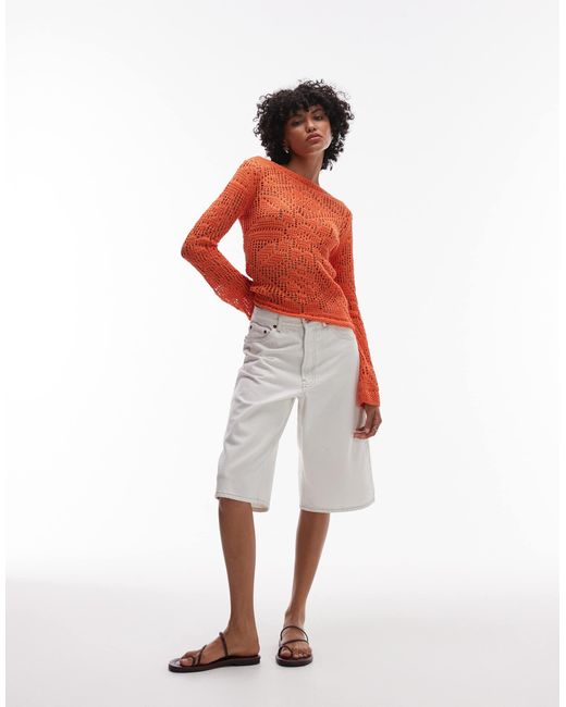 TOPSHOP Red Knitted Slash Neck Lace Long Sleeve Top