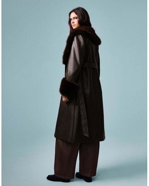 Bershka Brown Leather Effect Coat With Contrast Faux Fur