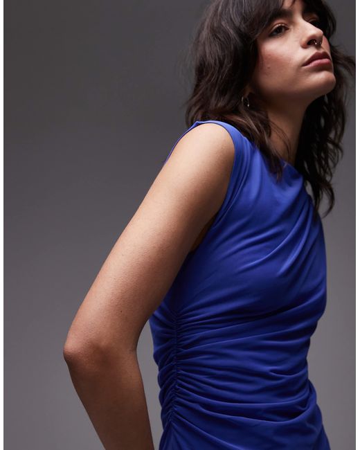 & Other Stories Blue Mesh Midi Dress With Drape Detail