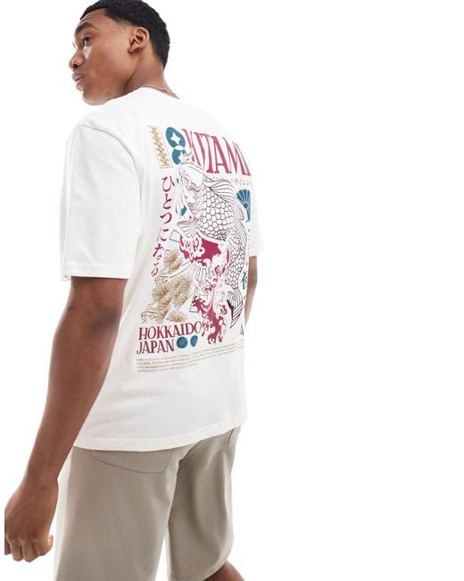 T-shirt écru con stampa giapponese di carpa koi di River Island in White da Uomo