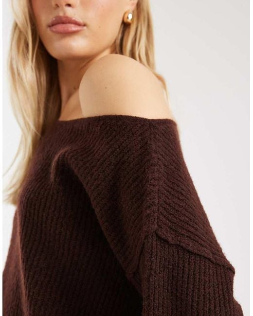 Miss Selfridge Brown Asym Off The Shoulder Slouchy Cosy Knit Jumper