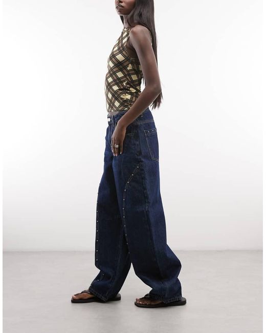 Daisy Street Blue Mid Rise Barrel Leg Studded Jeans