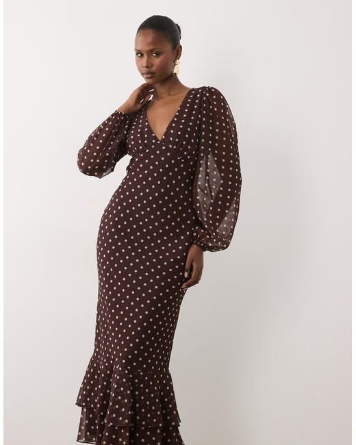 LACE & BEADS Brown V Neck Balloon Sleeve Ruffle Hem Maxi Dress