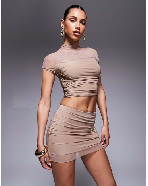 Missy Empire Brown Mesh Ruched Side Mini Skirt Co-ord