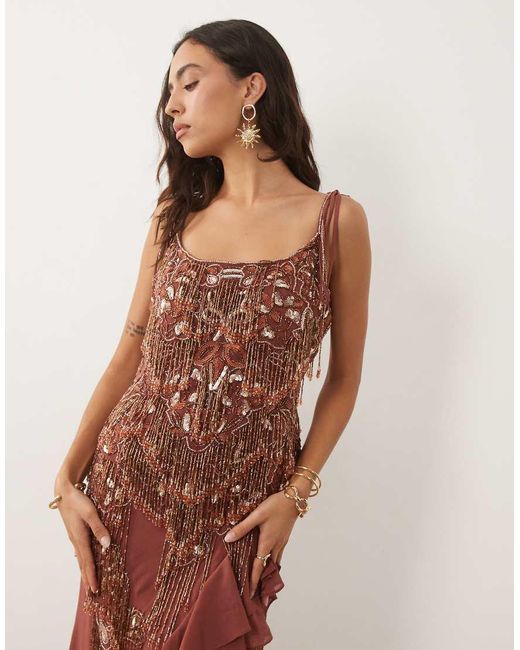 ASOS Brown Embellished Cami Maxi Dress With Ruffle Skirt
