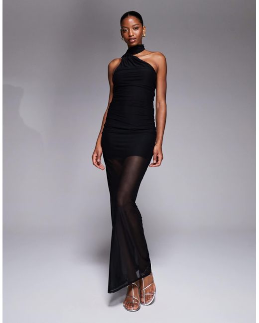 Fashionkilla Blue Exclusive Mesh Overlay Neck Tie Detail Sheer Hem Maxi Dress