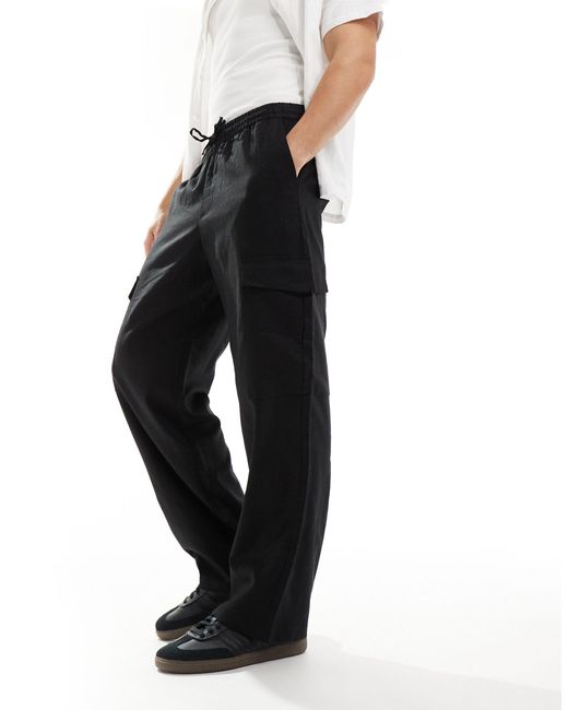 ADPT Black Loose Fit Linen Mix Cargo Trousers for men