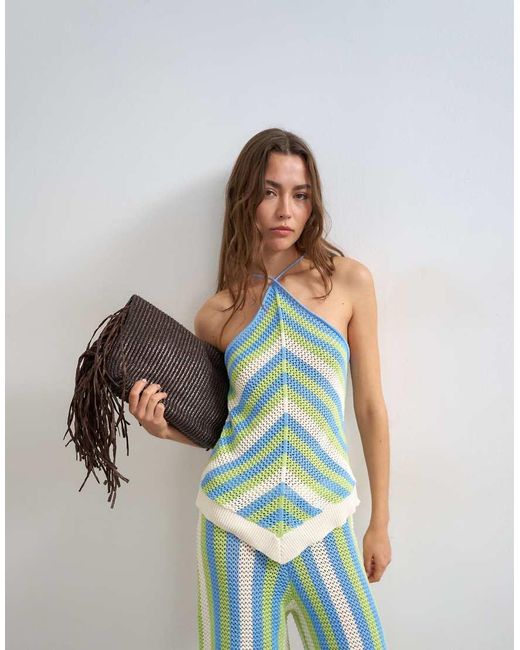 TOPSHOP Green Knitted Mix Stripe Co-Ord Stitchy Halter Top