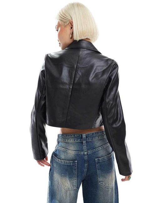 ONLY Blue Faux Leather Cropped Jacket