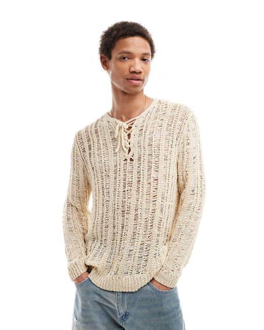 ASOS Natural Knitted Open Stitch Jumper With Lace Up Detail for men