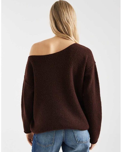 Miss Selfridge Brown Asym Off The Shoulder Slouchy Cosy Knit Jumper