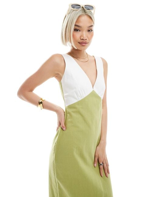 4th & Reckless Women's Green Linen Look Contrast Plunge Neck Maxi Dress 4th & Reckless Women's Green Linen Look Contrast Plunge Neck Maxi Dress