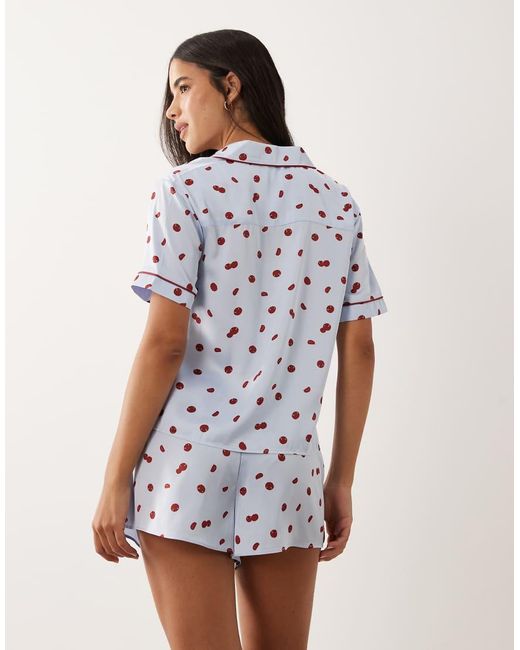 Abercrombie & Fitch Blue Satin Short Sleeve Pyjama Shirt Co-ord With Tomato Polka Dot