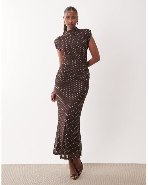 ASOS Brown Printed Mesh High Neck Detail Maxi Dress With Shoulder Pads