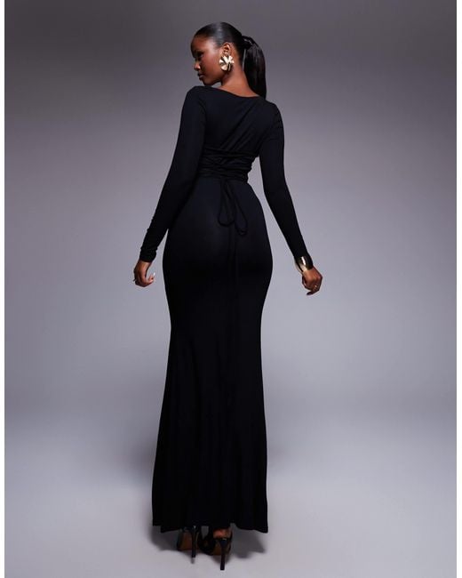 ASOS Blue Long Sleeve Lace-up Back Scoop Neck With Front Slit Maxi Dress