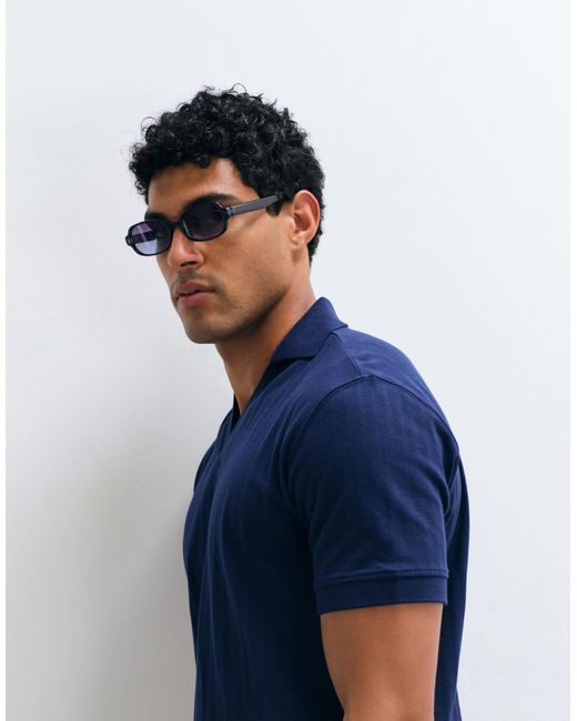 SELECTED Blue Ribbed Split Neck Polo for men