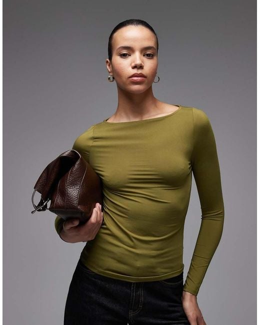 ASOS Green Slinky Slash Neck Long Sleeve Top