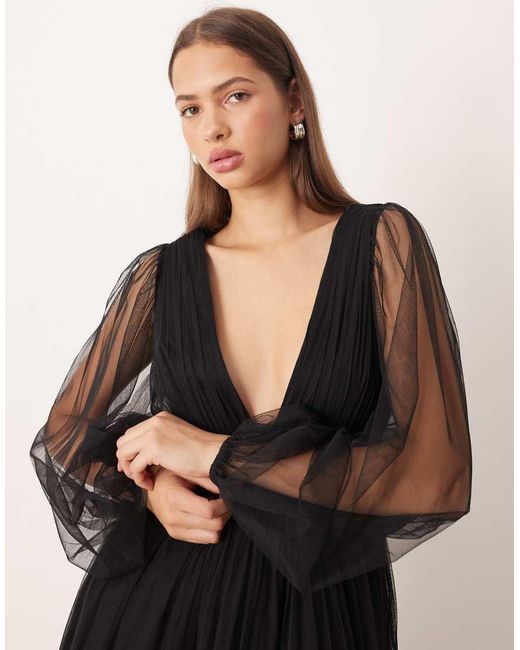LACE & BEADS Black Bridesmaid Madison Deep V-sheer Bell Sleeve Tulle Midi Dress