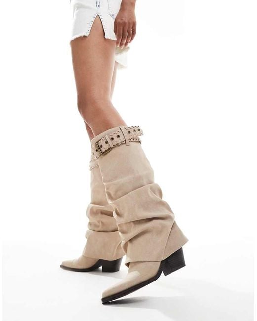 Bershka Natural Slouchy Western Boot With Belt Detail