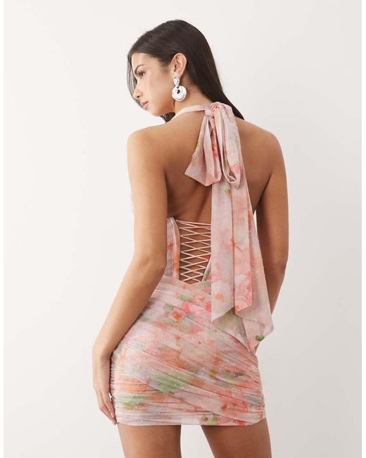 Oh Polly Pink Premium Embellished Halter Neck Corset Overlay Detail Mini Dress