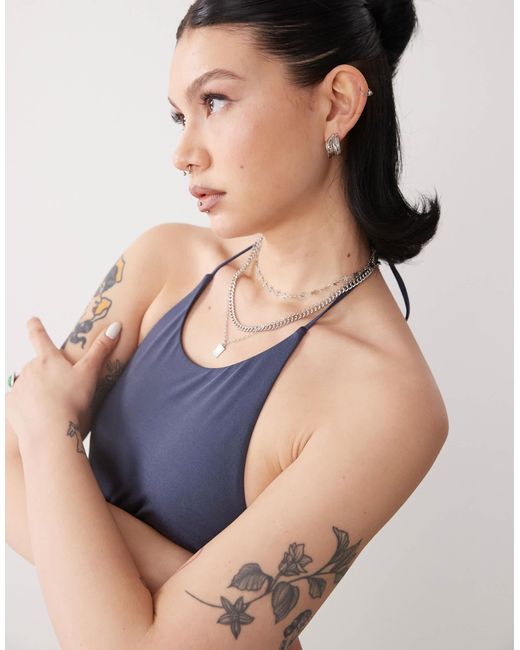 Weekday Blue Halter Neck Shiny Swimsuit With Open Back Tie Detail
