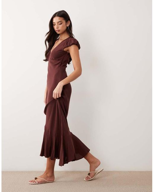 ASOS Brown Puff Sleeve V-neck Maxi Tea Dress