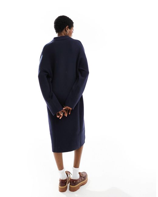 Monki Blue Knitted Polo Collar Midi Long Sleeve Dress