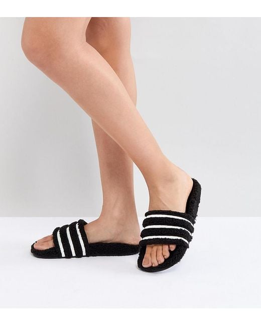 Adidas Originals Brown Adilette Furry Slider Sandals In Black