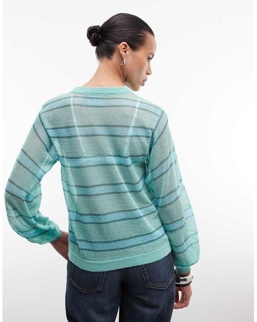 Reclaimed Vintage Blue Sheer Knitted Striped Balloon Jumper