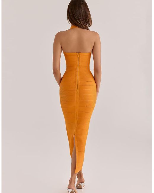 House Of Cb Orange The Silhouette Mango Halter Neck Bandage Maxi Dress