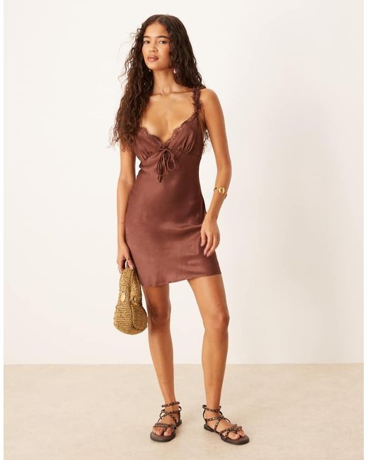 ASOS Brown Frill Detail Cami Satin Slip Mini Dress