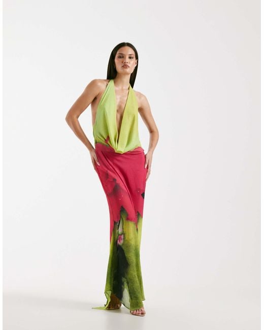 I.AM.GIA Multicolor Samantha Plunge Cowl Halterneck Low Back Maxi Dress