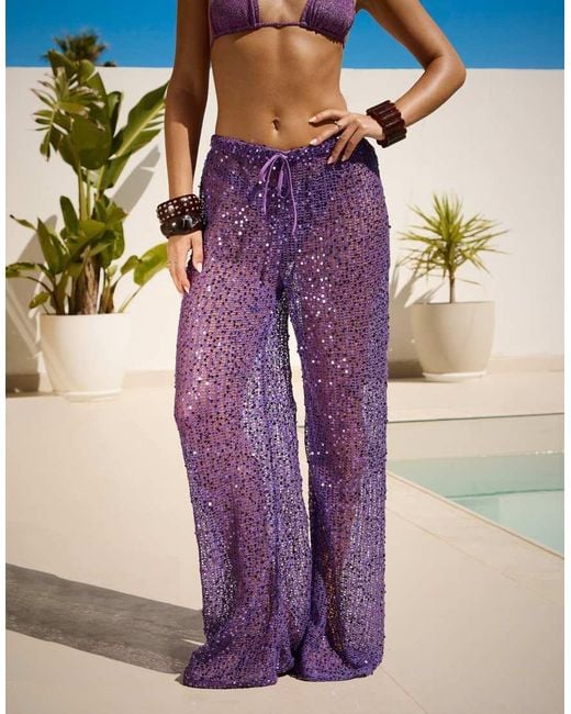 South Beach Purple X Sasha Corte-t Sequin Crochet Pants