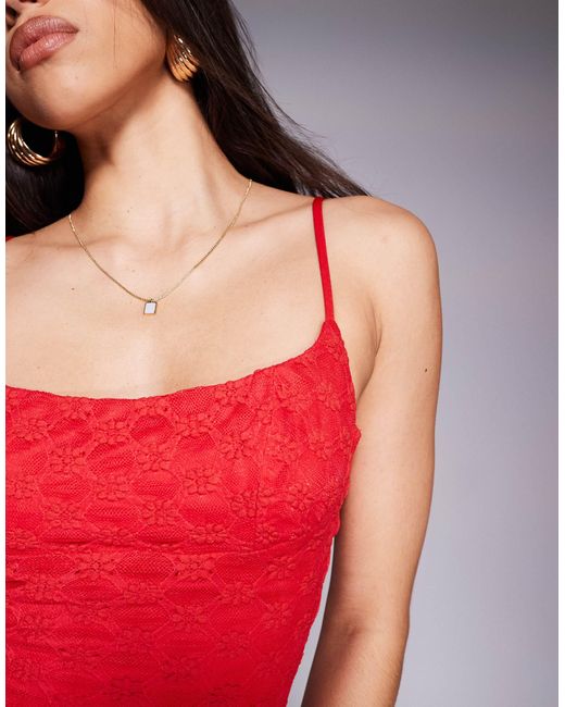 Bardot Red Lace Mesh Cami Midi Dress