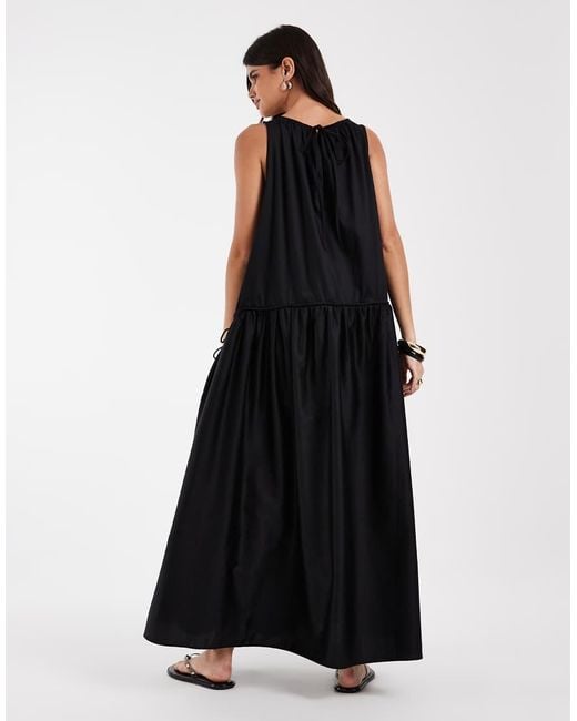 & Other Stories Black Pure Cotton Trapeze Maxi Dress With Dropped Waist
