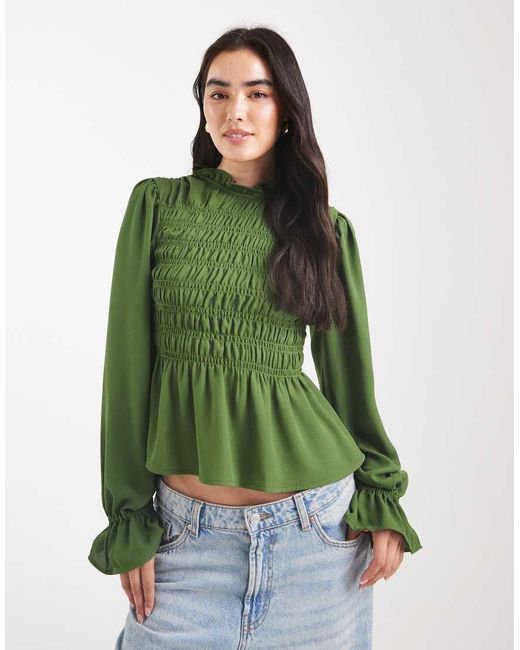 Blusa Accollata A Maniche Lunghe Scuro A Punto Smock di ASOS in Green