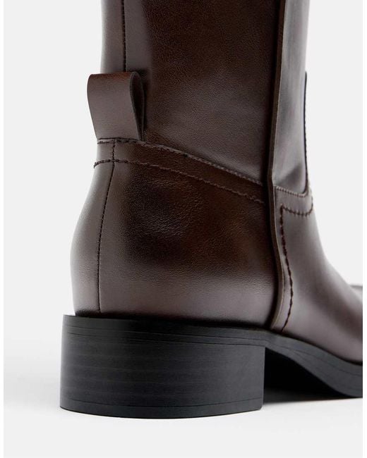 Stradivarius Brown Flat Leather Effect Boots