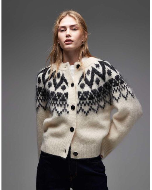 & Other Stories Gray Fluffy Wool And Mohair Blend Fair Isle Yarn Jacquard Print Cardigan