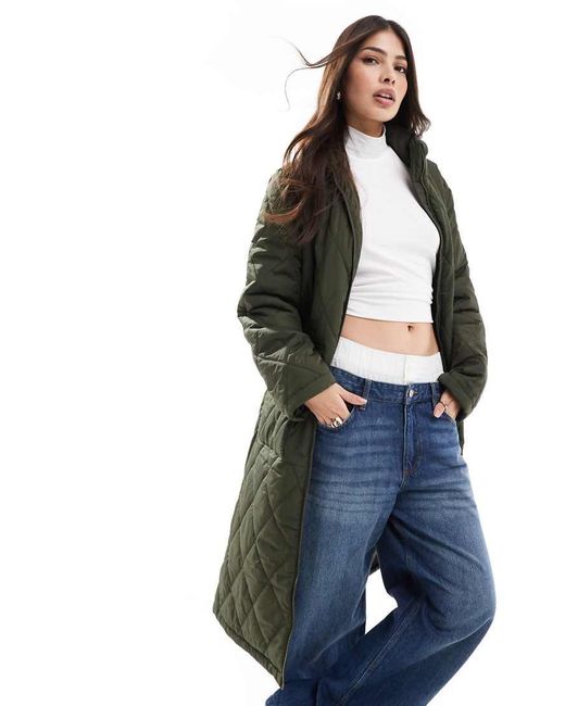 Abrigo Largo Verde Guateado Con Cuello Alto De Pieces de color Blue