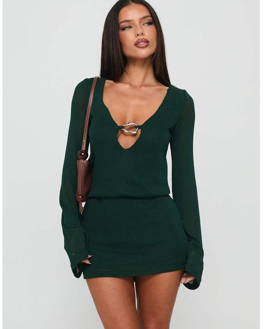 Princess Polly Green Charming Ribbed Knit Metal Hardware Plunge Mini Dress
