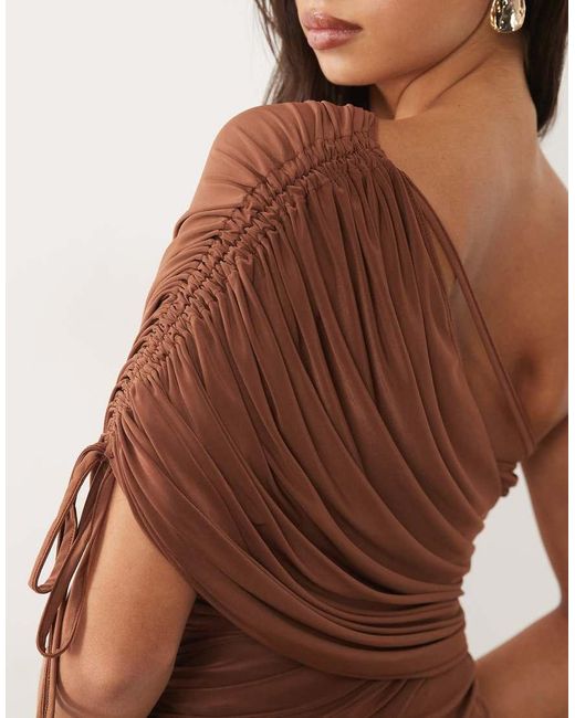ASOS Brown Slinky Draped Asymmetric Top With Ruching Detail