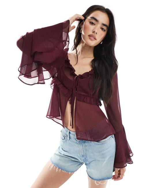 Miss Selfridge Red Tie Front Chiffon Ruffle Blouse