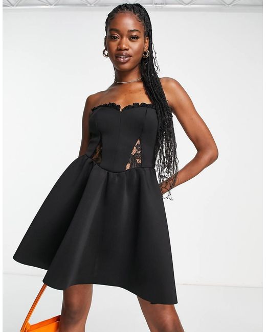 Miss Selfridge Black Scuba Lace Trim Bandeau Mini Dress
