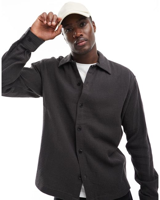 Jack & Jones Black Premium Oversized Waffle Long Sleeve Shirt for men