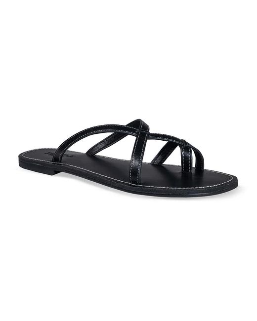 SEQWL Wide Fit Blue Strappy Flat Thong Slides Leather Look Minimalist Sandals