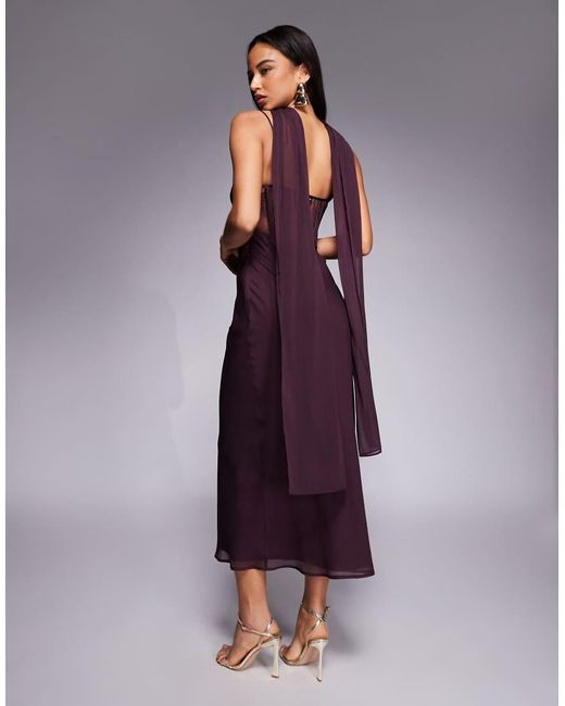 ASOS Purple Cami Satin And Lace Slip Midi Dress With Scarf Detail