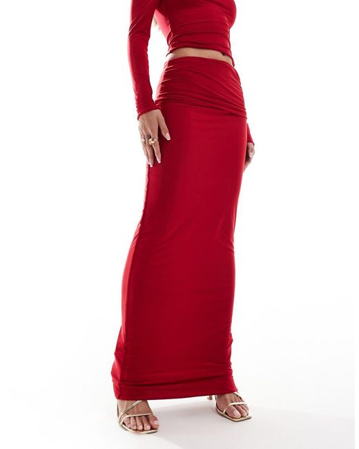 Kaiia Red Slinky Ruched Folded Waist Column Maxi Skirt Co-Ord