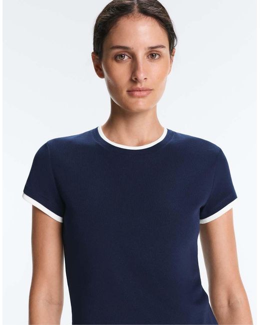 Oysho Blue Cotton Blend Double Rib Effect Short Sleeve T-shirt